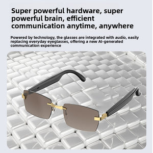 Open ear Bluetooth audio glasses shown on a stand with clear demo lenses