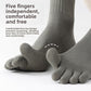 Close view of olive green five-finger socks with separated toes and a ribbed mid-tube cuff