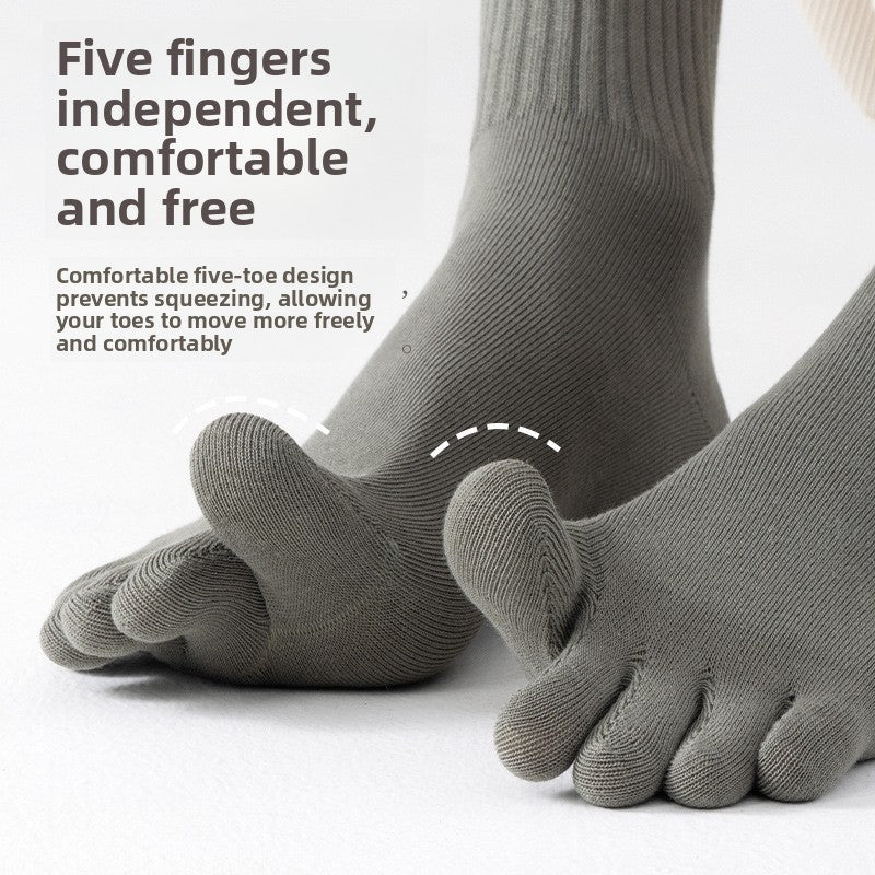 Close view of olive green five-finger socks with separated toes and a ribbed mid-tube cuff