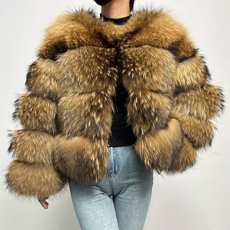 Natural Brown cropped banded fur coat, 4-Sleeve 5-Section layout, size 3XL