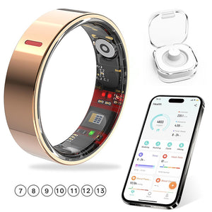 Rose gold smart tracking ring shown beside its companion phone health app