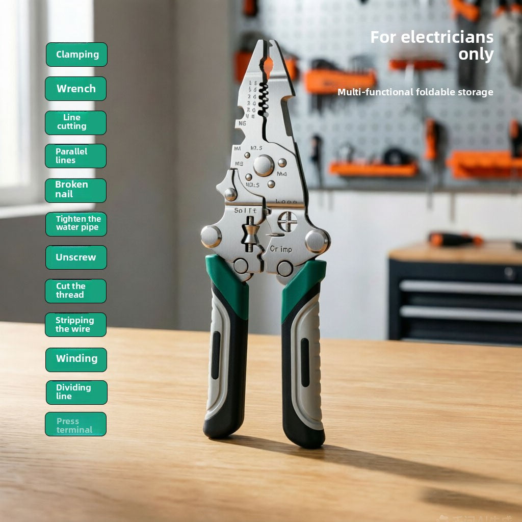 Wire stripping plier working head showing strip notches, crimp and loop stations