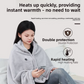 Woman in a gray plush heating shawl holding a phone on a sofa, with two feature icons beside her