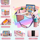 Pink travel tray with a rainbow tablet scene and labeled zippered pocket, mesh pocket and divider box details