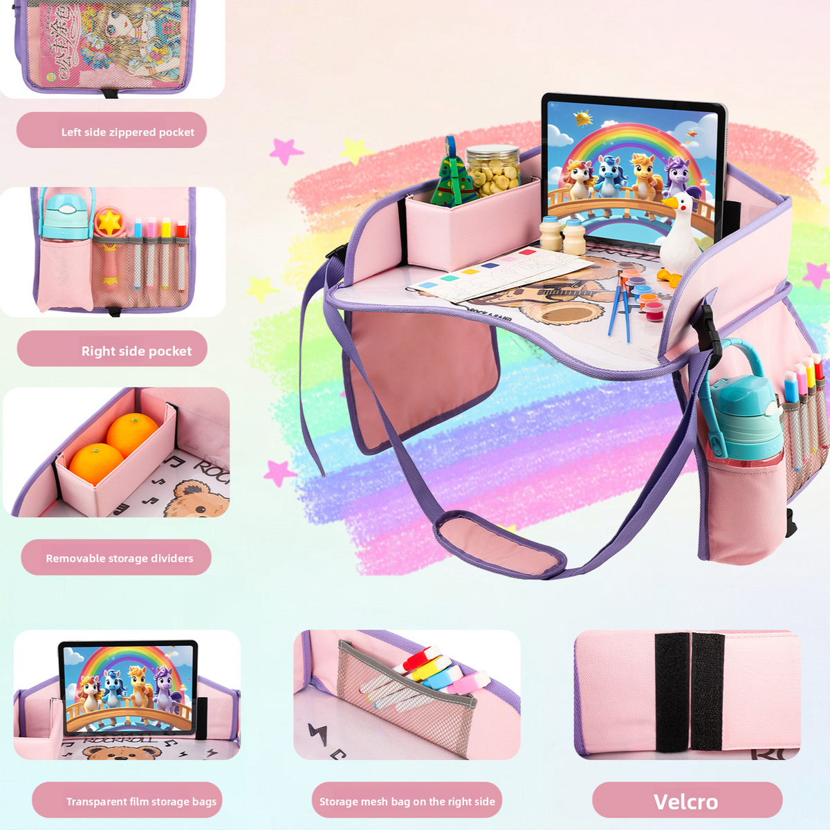 Pink travel tray with a rainbow tablet scene and labeled zippered pocket, mesh pocket and divider box details