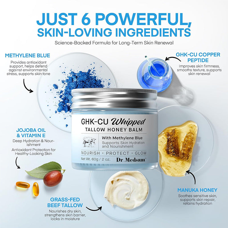Infographic of the blue face balm jar surrounded by its six listed ingredients