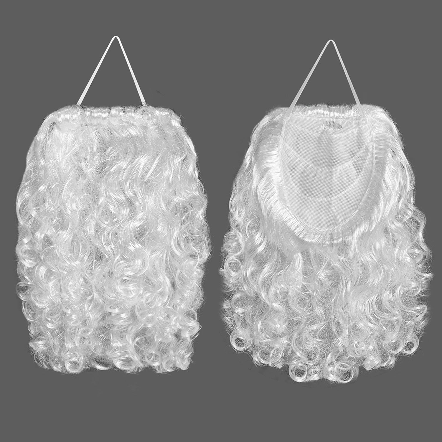 White curly synthetic Santa Claus costume wig and matching beard set on a costumed model