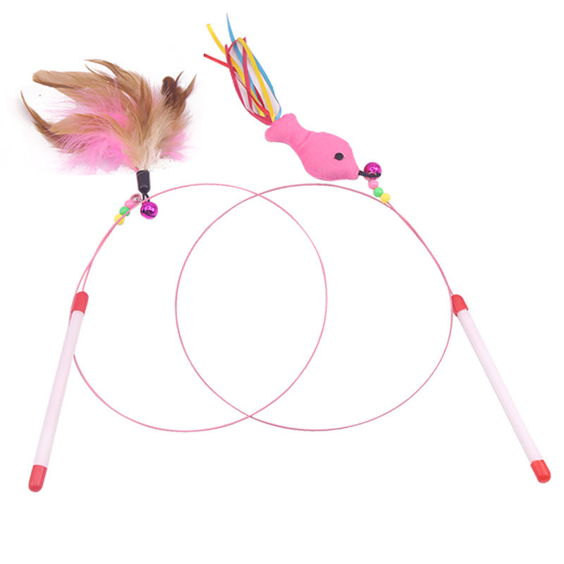 Feather tuft cat teaser wand beside a pink fish and ribbon wand, both on coiled steel wire