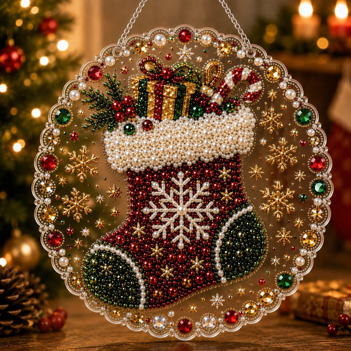 Diamond painting Christmas tree ornament covered in shimmering rhinestone beads