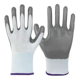 Pair of white knit work gloves with a grey nitrile coated palm