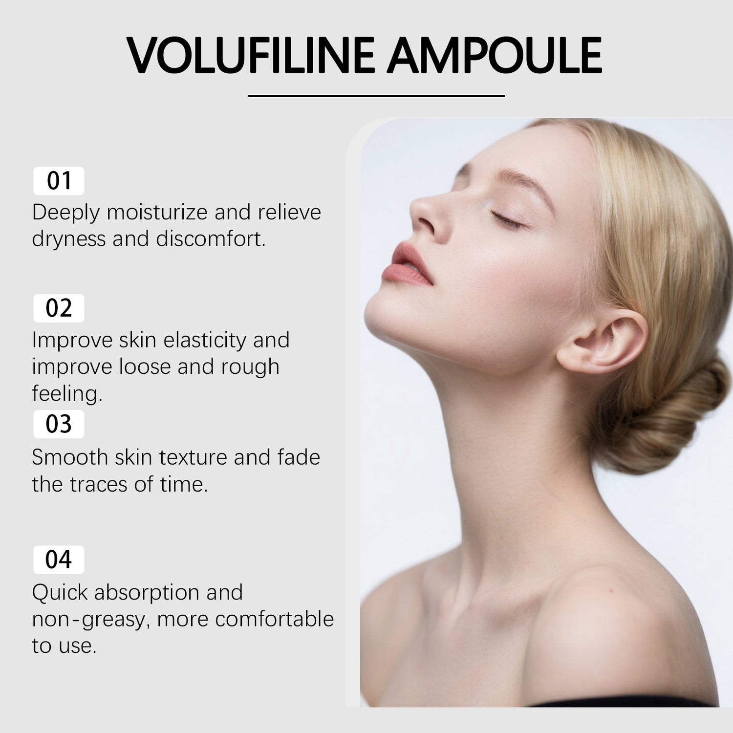 Volufiline ampoule numbered feature list beside a model with her head tilted back