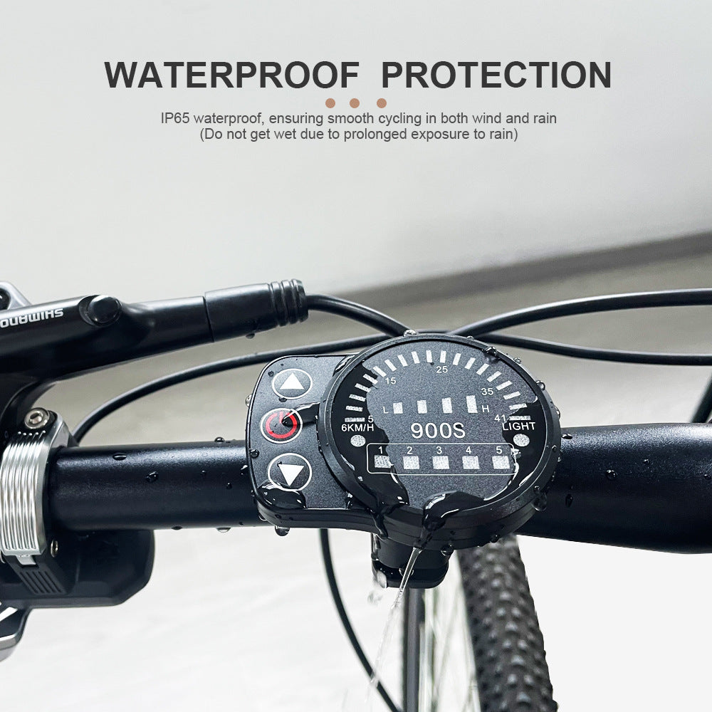Black e-bike display panel mounted on a bicycle handlebar under an IP65 waterproof protection headline