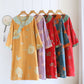Front view of the loose cotton gauze nightgown with round neck and long cuffed sleeves