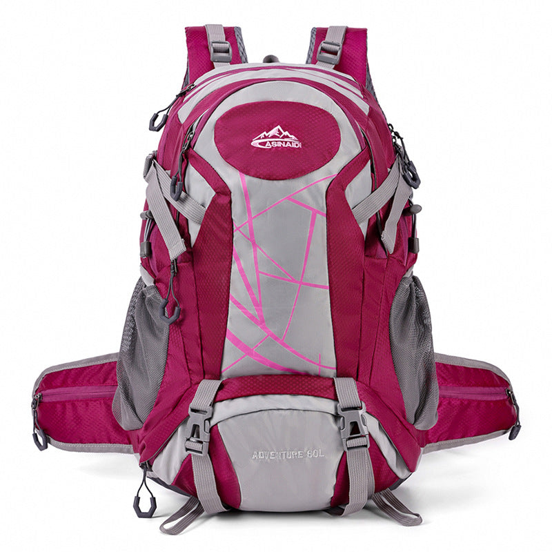 Rose red hiking backpack with a light gray centre panel, hip belt and front buckle straps, Rose red option