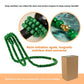 Green beaded wine bottle holder with close-ups of the beads and the gold magnetic connector, next to a gift box