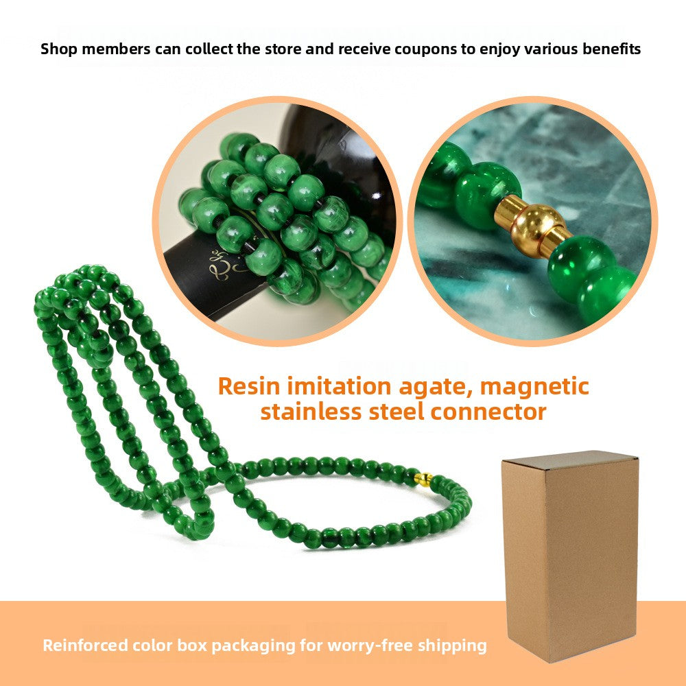 Green beaded wine bottle holder with close-ups of the beads and the gold magnetic connector, next to a gift box