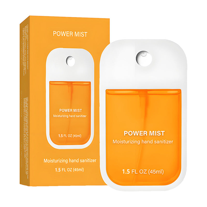 Orange citrus POWER MIST paper box and matching flat 45 ml hand spray bottle on a white background