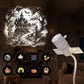 Black and white haunted house scene projected beside the white projector, eight slide icons, 8 slides option