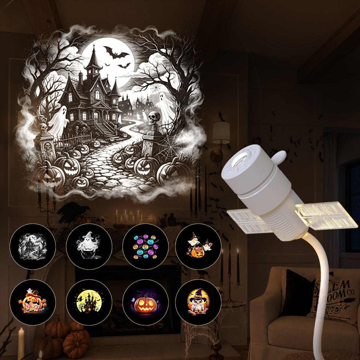 Black and white haunted house scene projected beside the white projector, eight slide icons, 8 slides option