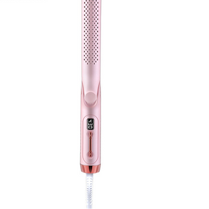 Front view of the LED hair straightener showing its lit display and flat heated plates