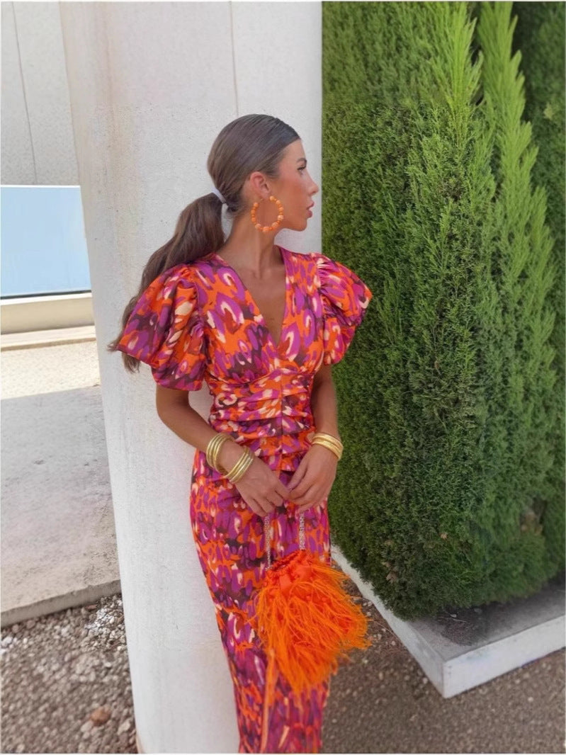 Printed V Neck Tight Fitting Puff Short Sleeve Women Dress