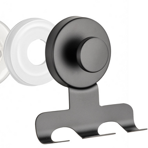 Black stainless steel suction cup razor holder with a slotted rack beside a clear suction cup