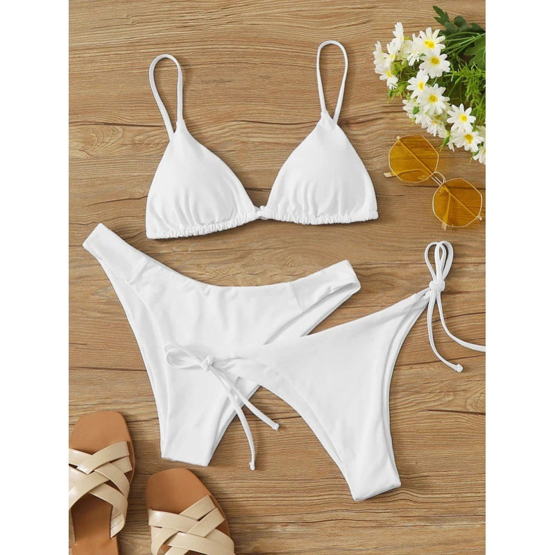 Three-piece bikini set with matching cover-up layered over the top and bottoms