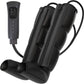 Black leg and foot massage boot with its wired button handset showing mode, strength and heat controls