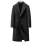 Black double-breasted long coat with peak lapels over a dark turtleneck, size 180/XL option