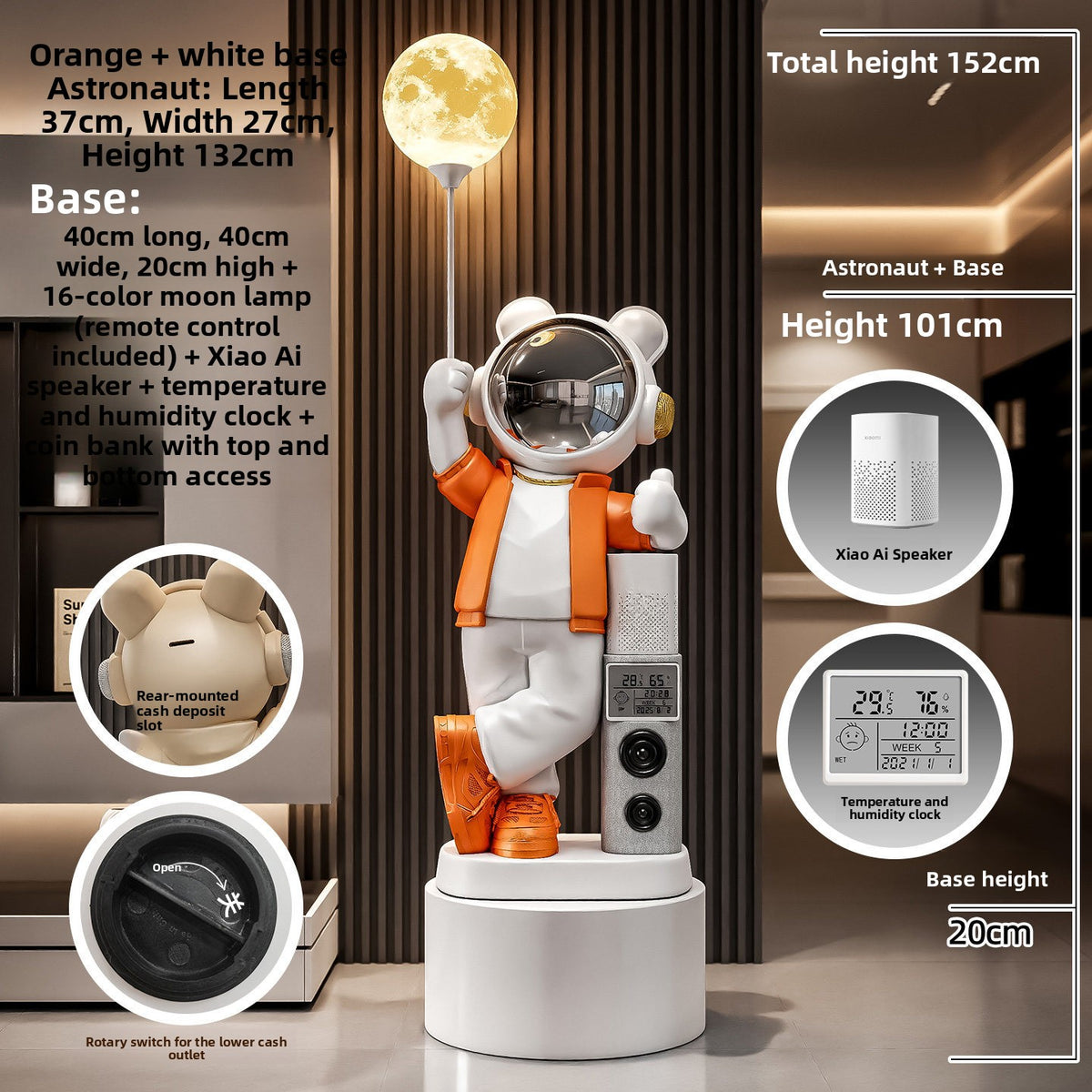 Orange XXL astronaut bear statue on a round base, 152 cm total height, with moon lamp and speaker callouts