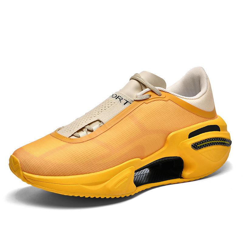 Gradient sneaker on the foot showing the chunky cutout sole and the laced upper