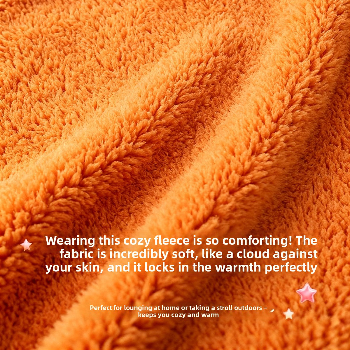 Close up of thick orange coral fleece with a deep fluffy surface and a message about its soft warm feel