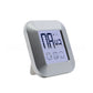 Silver square LCD kitchen timer at an angle showing large backlit countdown digits