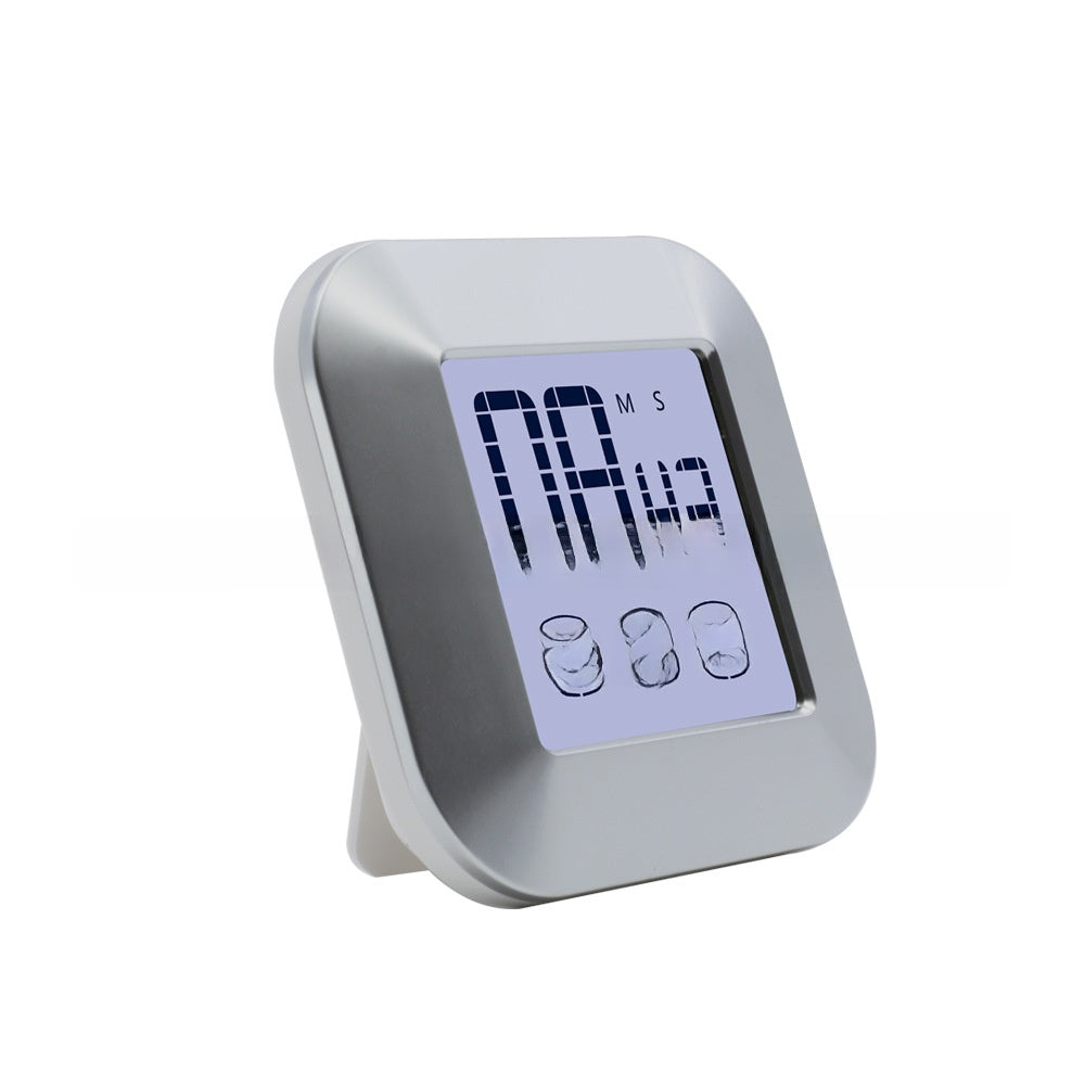 Silver square LCD kitchen timer at an angle showing large backlit countdown digits