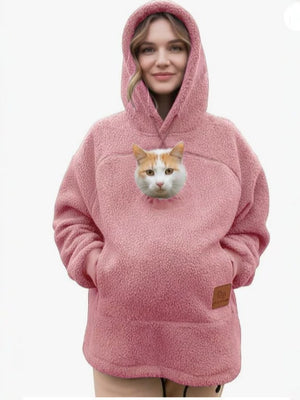 Front view of the fleece hoodie shown flat to reveal the pullover shape and hood