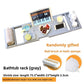 Gray bathtub caddy tray with a tablet, fruit, a phone and a rolled towel, option Gray with shrink size text