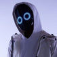 Person in a white hoodie wearing the black LED mask with two glowing blue ringed eyes on the display