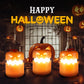 Happy Halloween poster with three lit orange pumpkin LED night lights beside a carved pumpkin