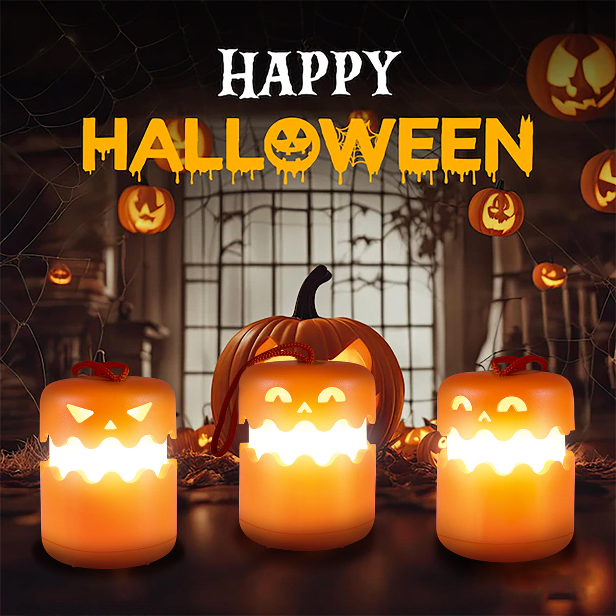 Happy Halloween poster with three lit orange pumpkin LED night lights beside a carved pumpkin