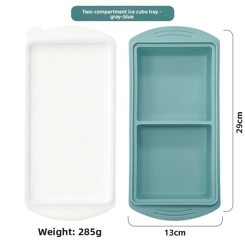 Two compartment silicone tray beside its white lid, 29 cm long, 285 g, option 2 Cavities 29 cm Tray, Gray Blue