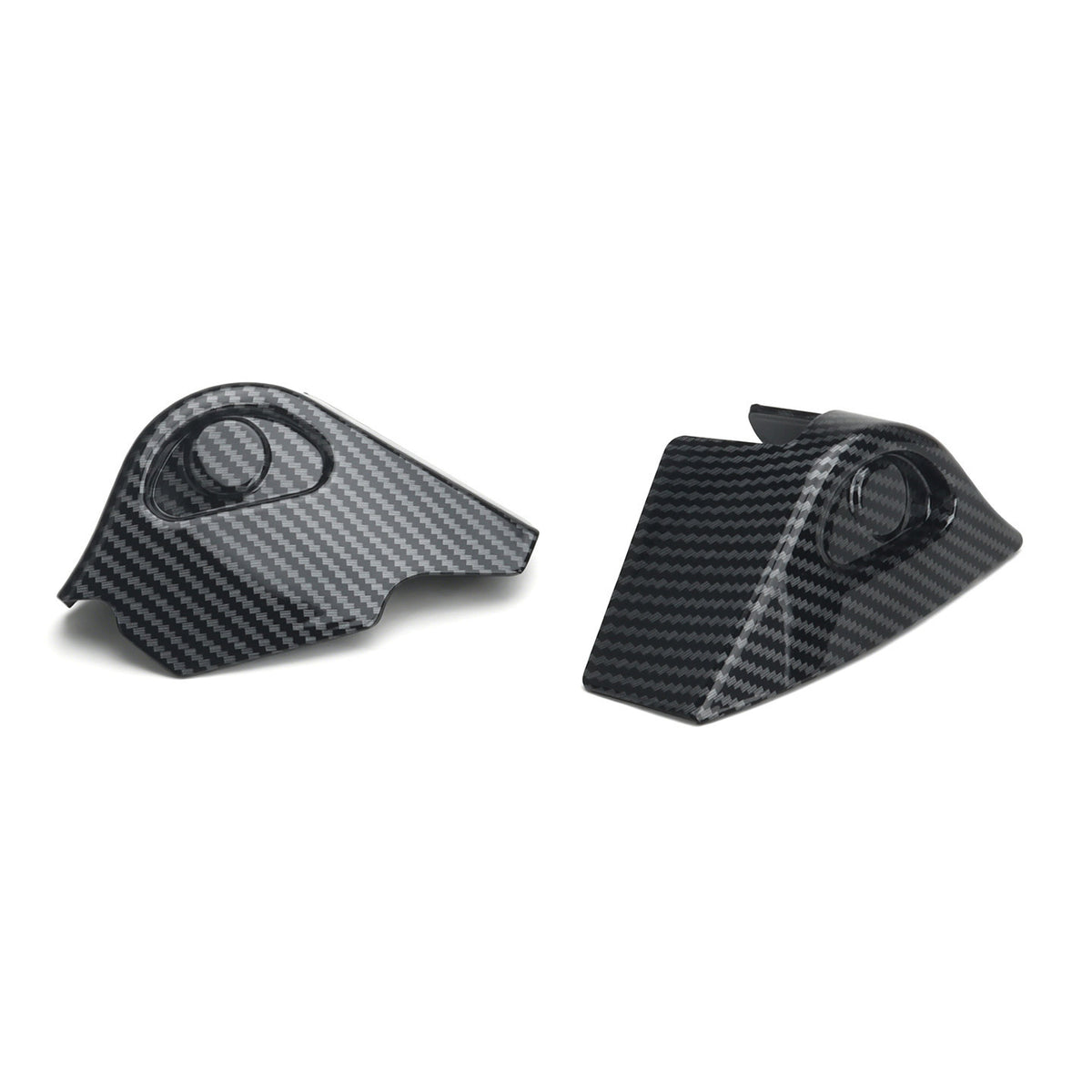 Pair of carbon fiber pattern plastic shock absorber covers shown from two angles on a white background