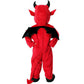 Back of a child in the red devil costume showing black bat wings, red tail and black foot covers