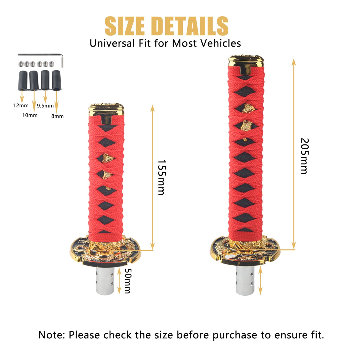 Size guide graphic for the katana car shift knob showing 155 mm and 205 mm lengths and thread adapters