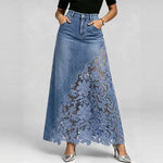 High waist A-line denim maxi skirt with a floral guipure lace panel and scalloped hem worn with the light blue wash, front