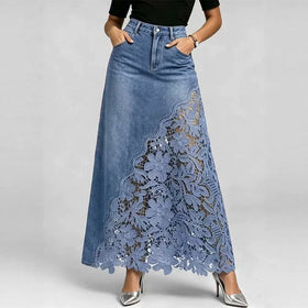 Lace Trim Denim Maxi Skirt