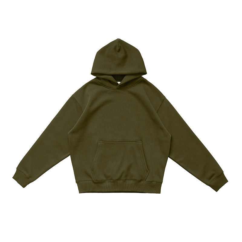 Army Green pullover hoodie with front pouch pocket and rib knit cuffs flat on white, size XL option