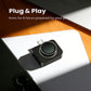 Black thermal camera plugged into a phone on a desk, labelled plug and play powered by the phone