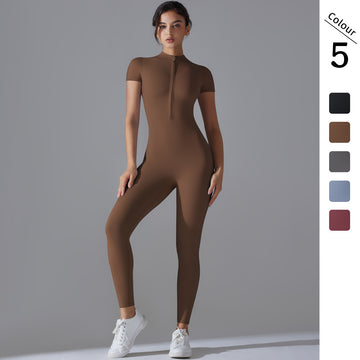 Short Sleeve Zip Jumpsuit, Full Length Yoga Unitard