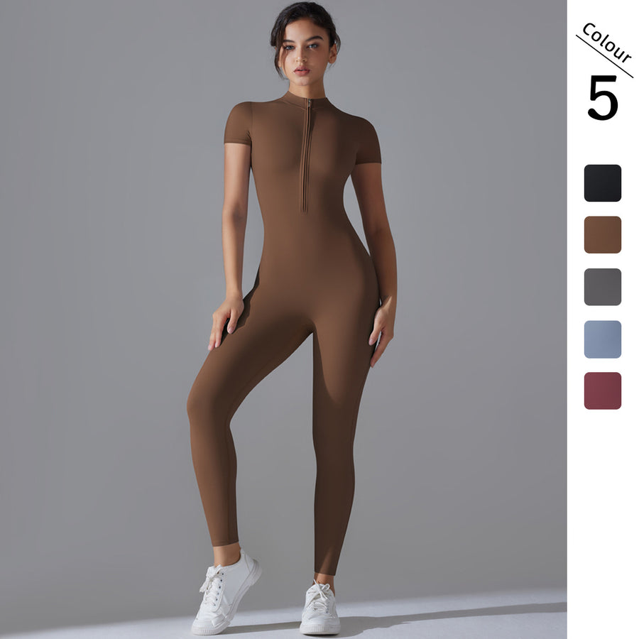 Short Sleeve Zip Jumpsuit, Full Length Yoga Unitard
