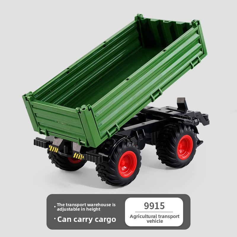 Green tipping trailer implement with adjustable sides for the toy tractor